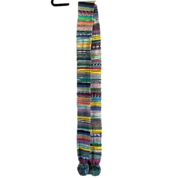Handmade Rainbow Striped Scarf w/ 3" Pompoms - SUPER long & unique! - Picture 3 of 4